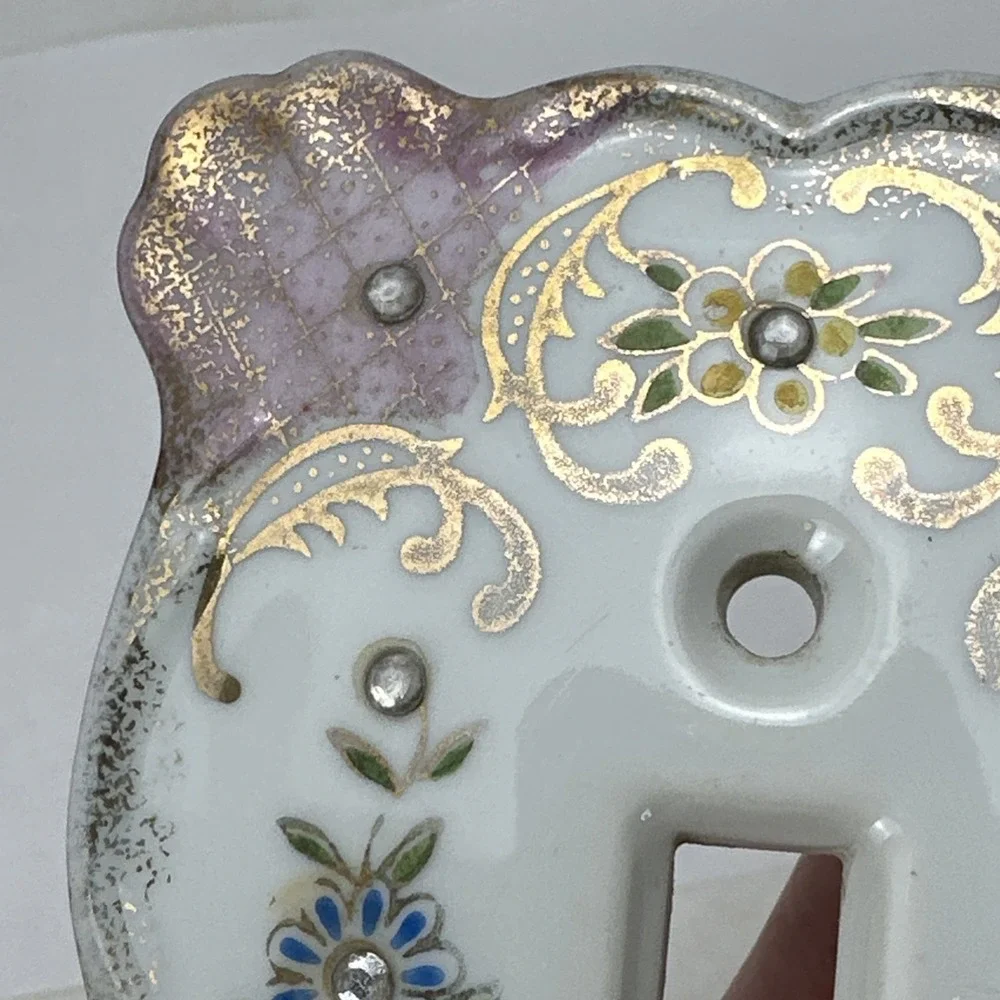 Vintage Lefton's Floral Rhinestones Porcelain Light Switch Plate Cover Pink 2685
